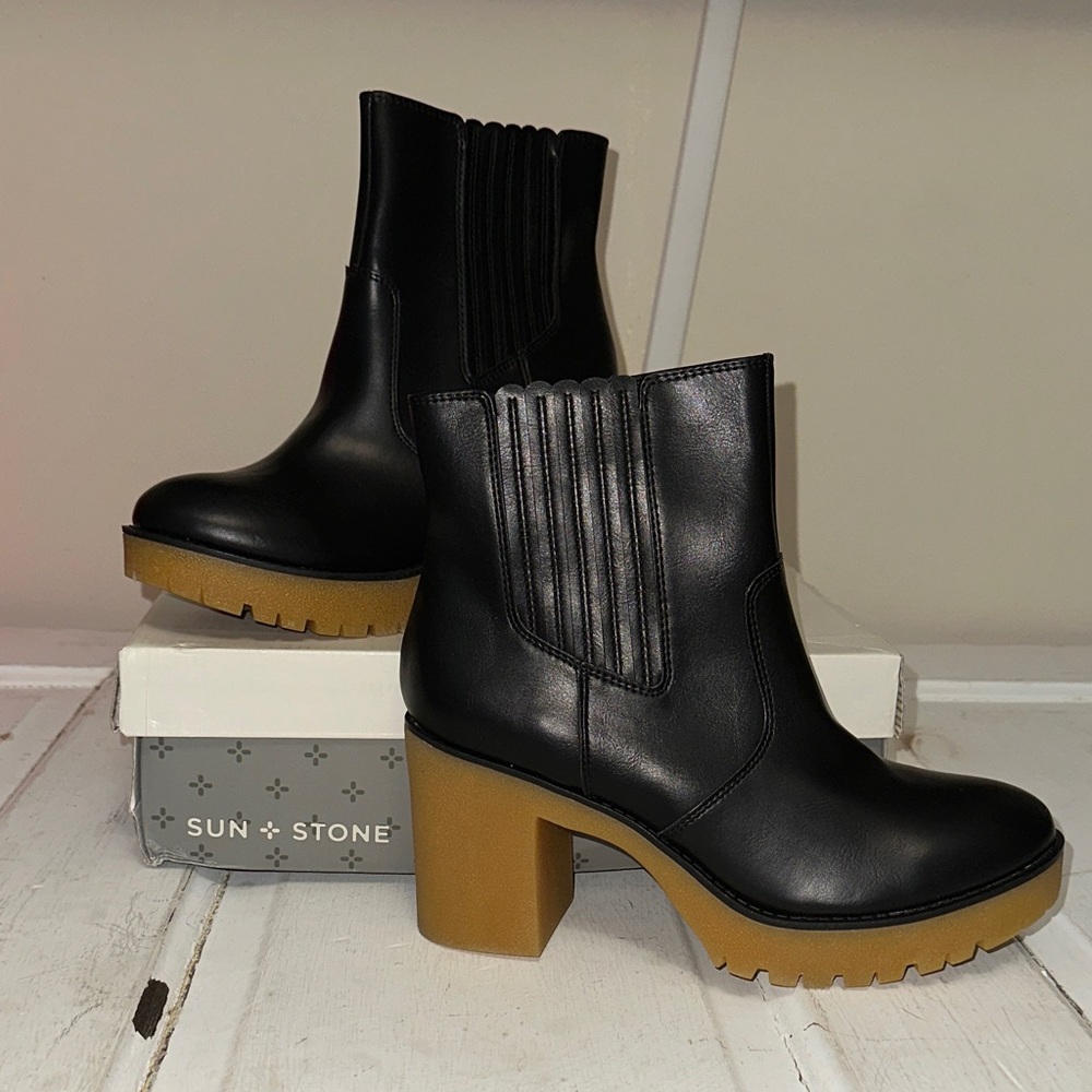 Sun + Stone Black and Tan Heeled Boots